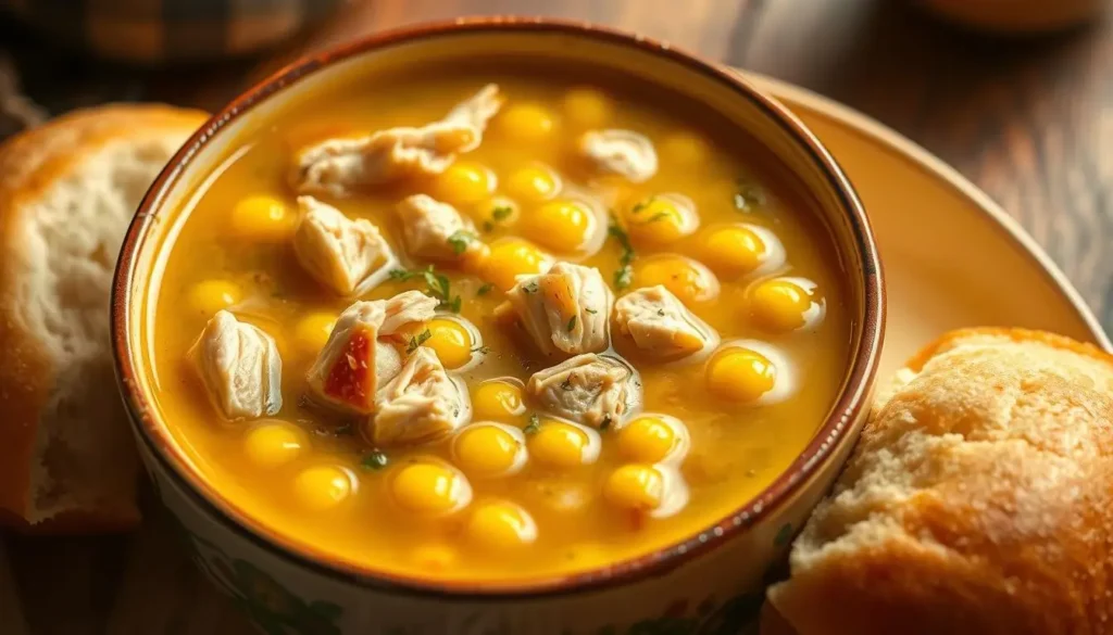 Bowl of chicken and corn soup.