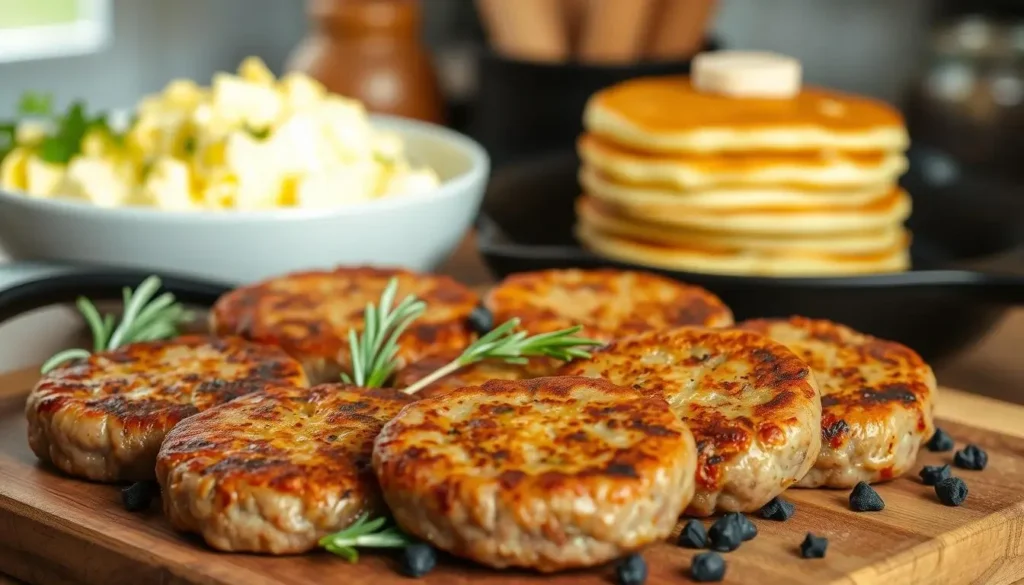 Platter of cooked beef breakfast sausage patties.