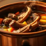 Steaming beef neck bones in pot.