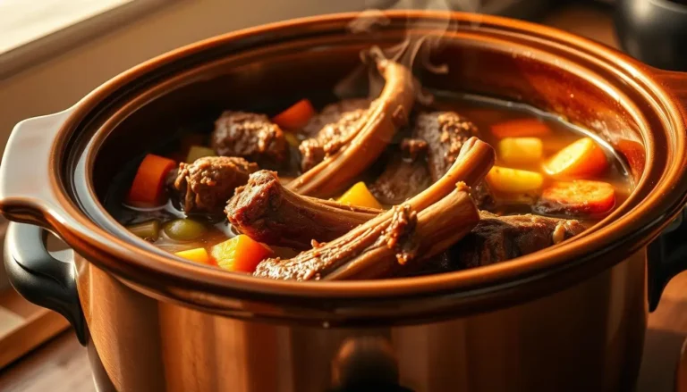 Steaming beef neck bones in pot.
