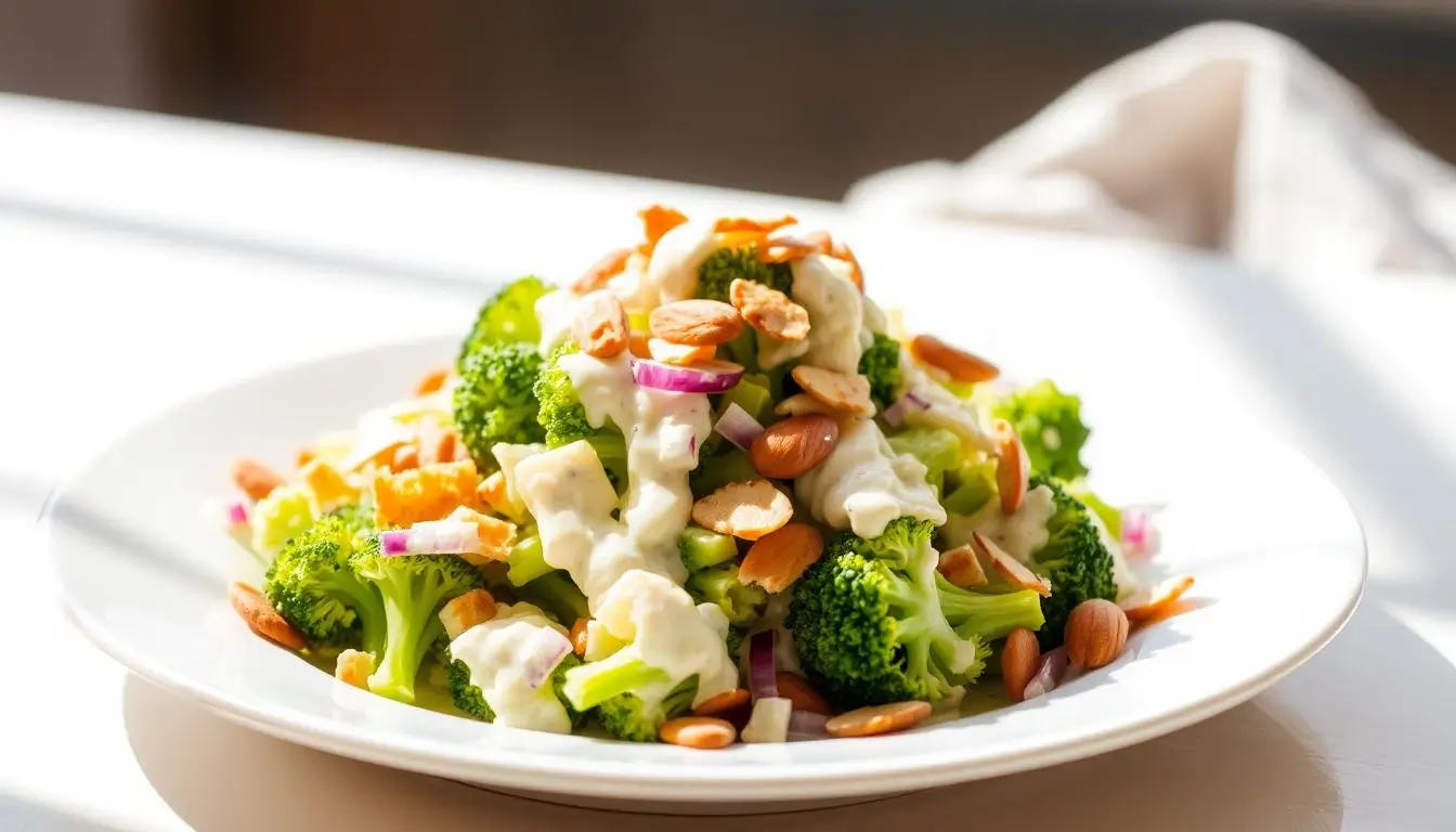 Broccoli salad recipe: fresh broccoli and almonds.