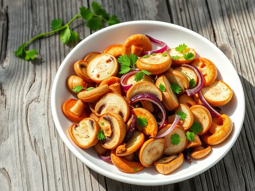 Sauteed sliced mushrooms with red onion and parsley in a white bowl, inspiration for chicken of the woods recipes.