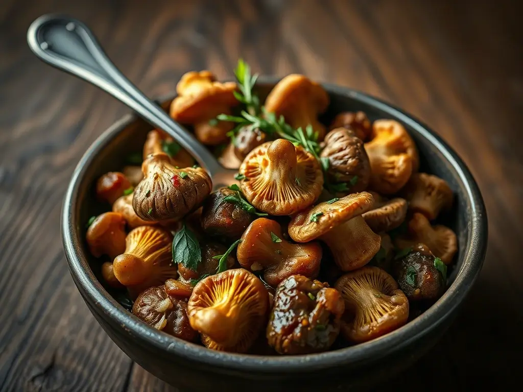 Cooked wild mushrooms in bowl, inspiration for a chicken woods recipe.