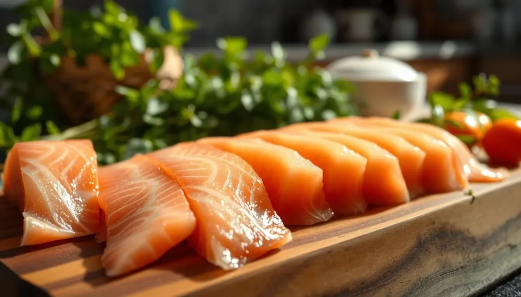 Fresh slices of cold smoked salmon on a wooden cutting board.
