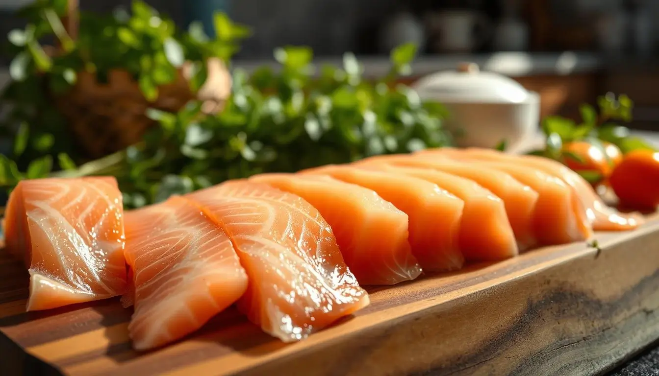 Fresh slices of cold smoked salmon on a wooden cutting board.