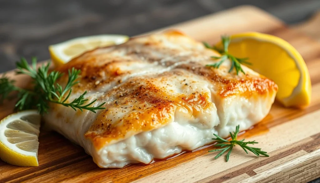 Seared pollock fish fillet with lemon and herbs, illustrating cooking pollock fish.