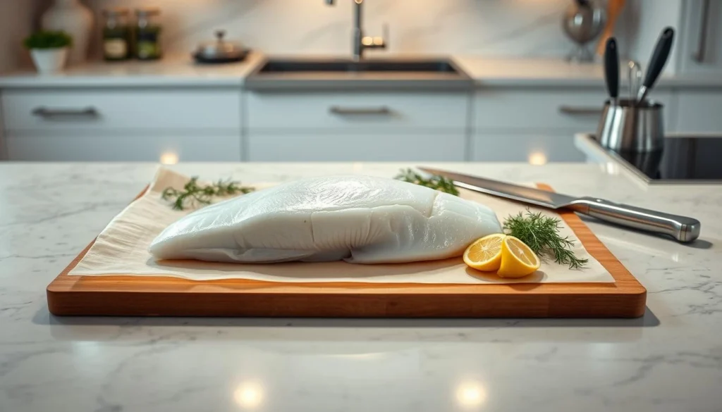 Raw Alaskan pollock fillet on cutting board with lemon and herbs, showing initial step for how to cook Alaskan pollock fillets preparation.