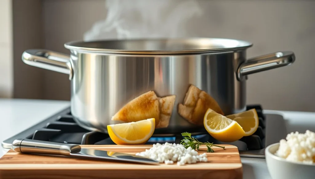 Steaming pot with lemon and ingredients, illustrating how to cook pollock fish.