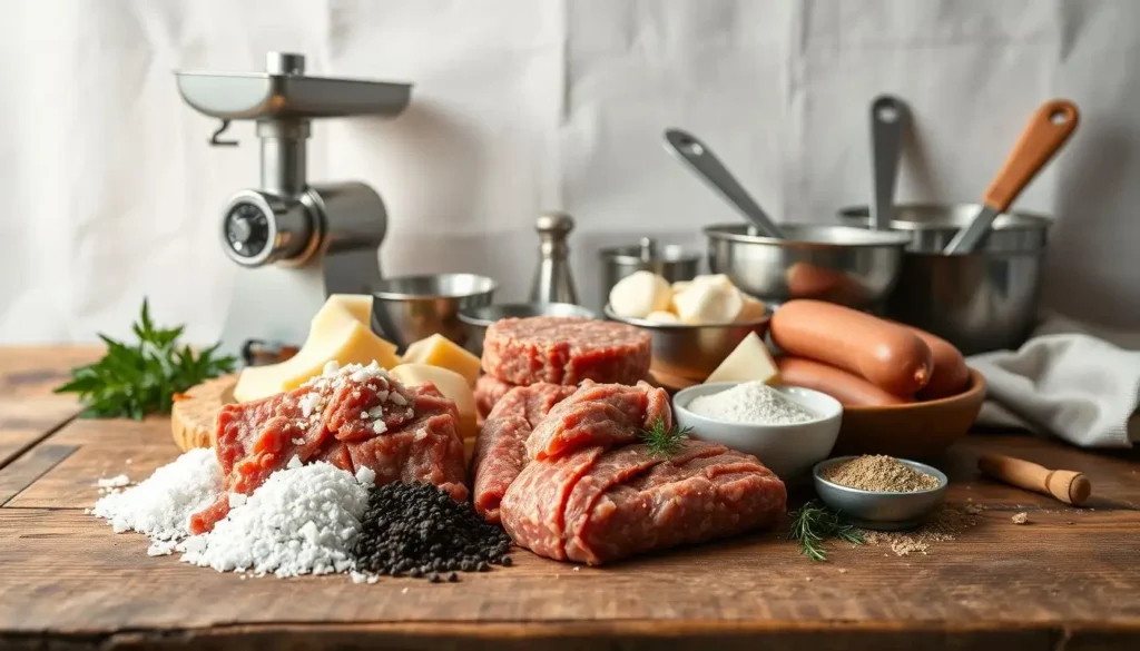 Ingredients and equipment for homemade sausage including meat grinder.