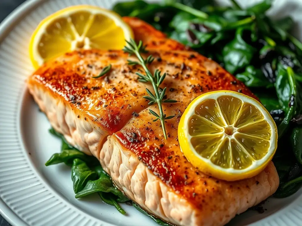 Pan-seared salmon and spinach with lemon.