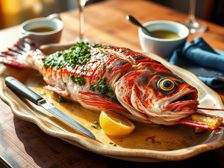 Red fish dish with herbs and lemon.