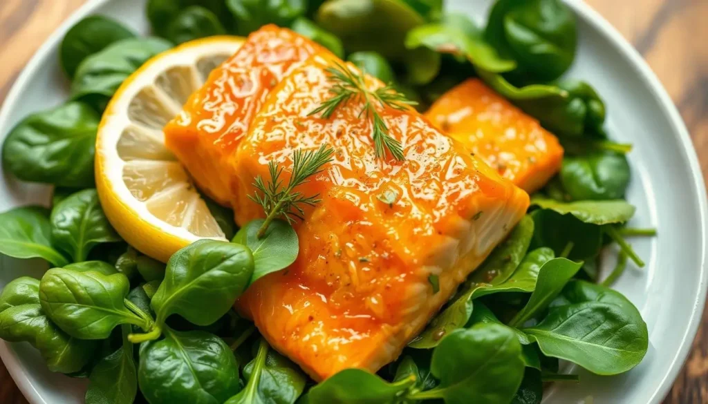 Glazed salmon and spinach with lemon.