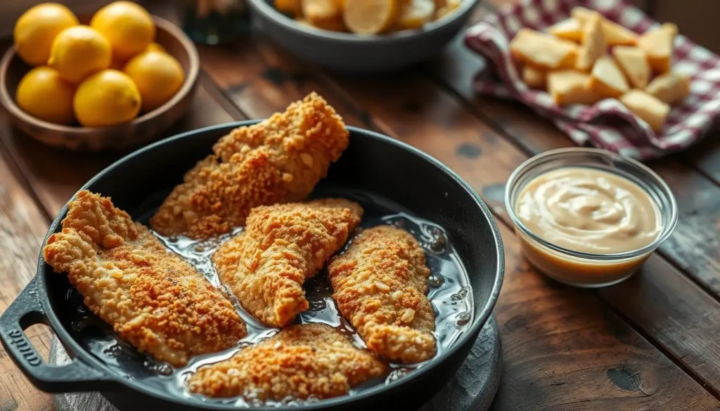 Southern fried fish tradition: fish in skillet.