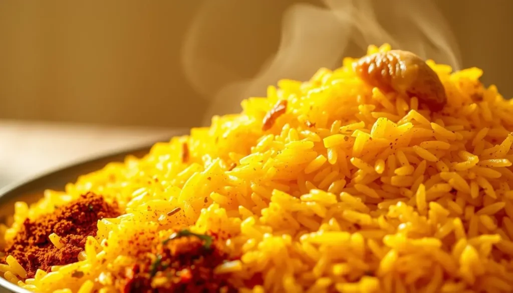 A steaming, flavorful golden rice dish with spices in a bowl.