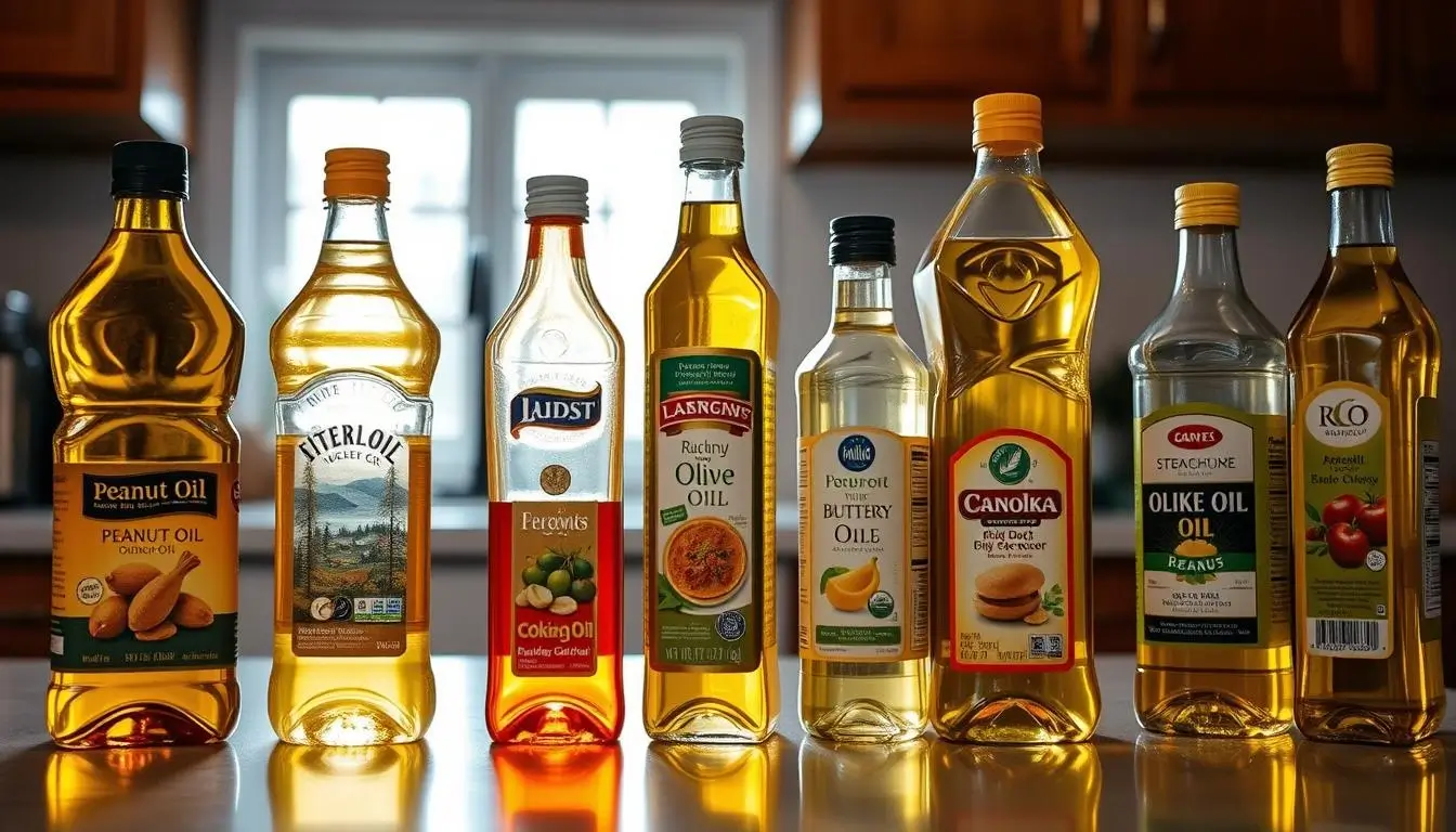 A lineup of cooking oils to find the best oil for frying chicken.