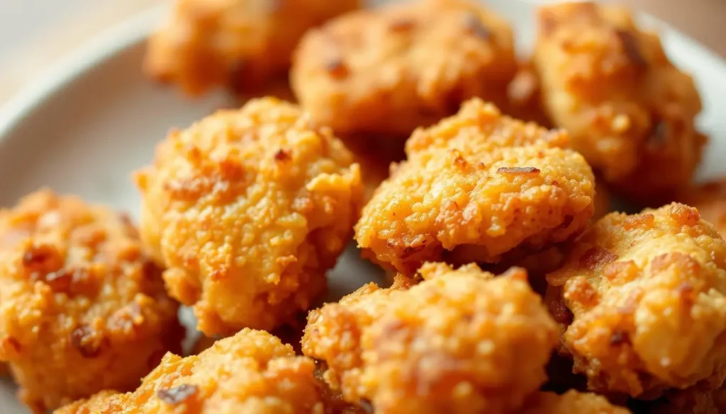 A close-up of crispy, golden-brown chicken bites in air fryer.