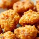 A close-up of crispy, golden-brown chicken bites in air fryer.