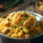 A spoonful of a steaming chicken yellow rice recipe with peas from a pot.