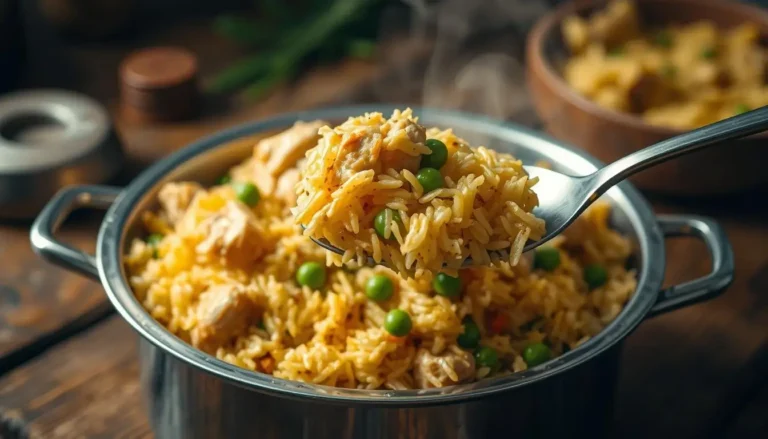 A spoonful of a steaming chicken yellow rice recipe with peas from a pot.