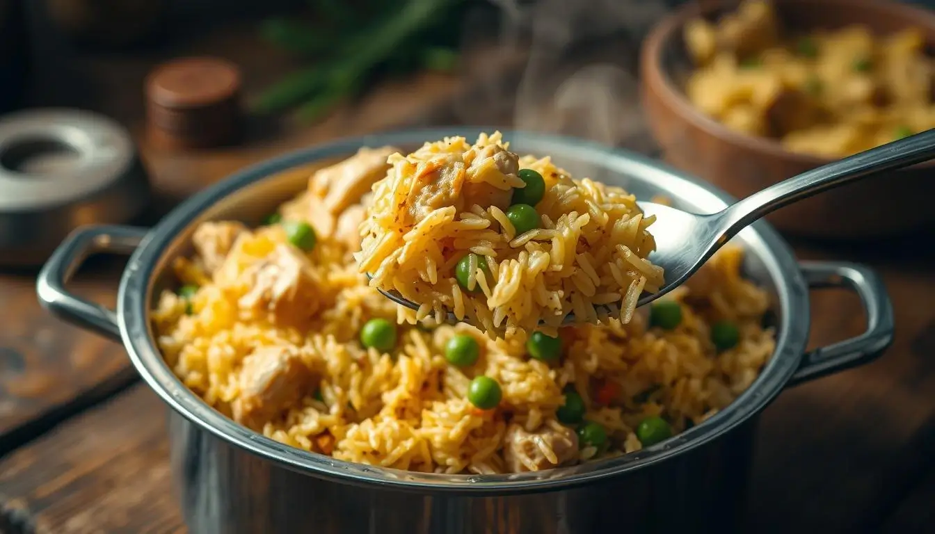 A spoonful of a steaming chicken yellow rice recipe with peas from a pot.