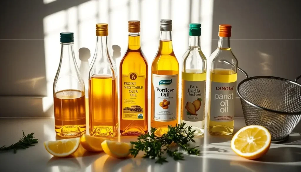A visual home frying oils comparison with various bottles lined up on a counter.