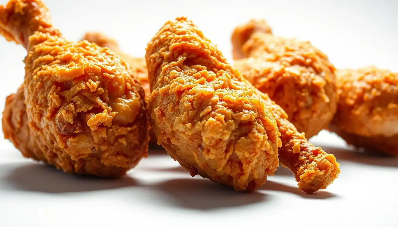 A close-up of perfectly golden and crispy fried chicken, showing the delicious result of knowing how long to deep fry chicken legs.
