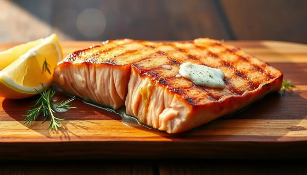 A grilled salmon fish steak with herb butter, lemon, and rosemary on a wooden board.
