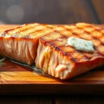 A grilled salmon fish steak with herb butter, lemon, and rosemary on a wooden board.