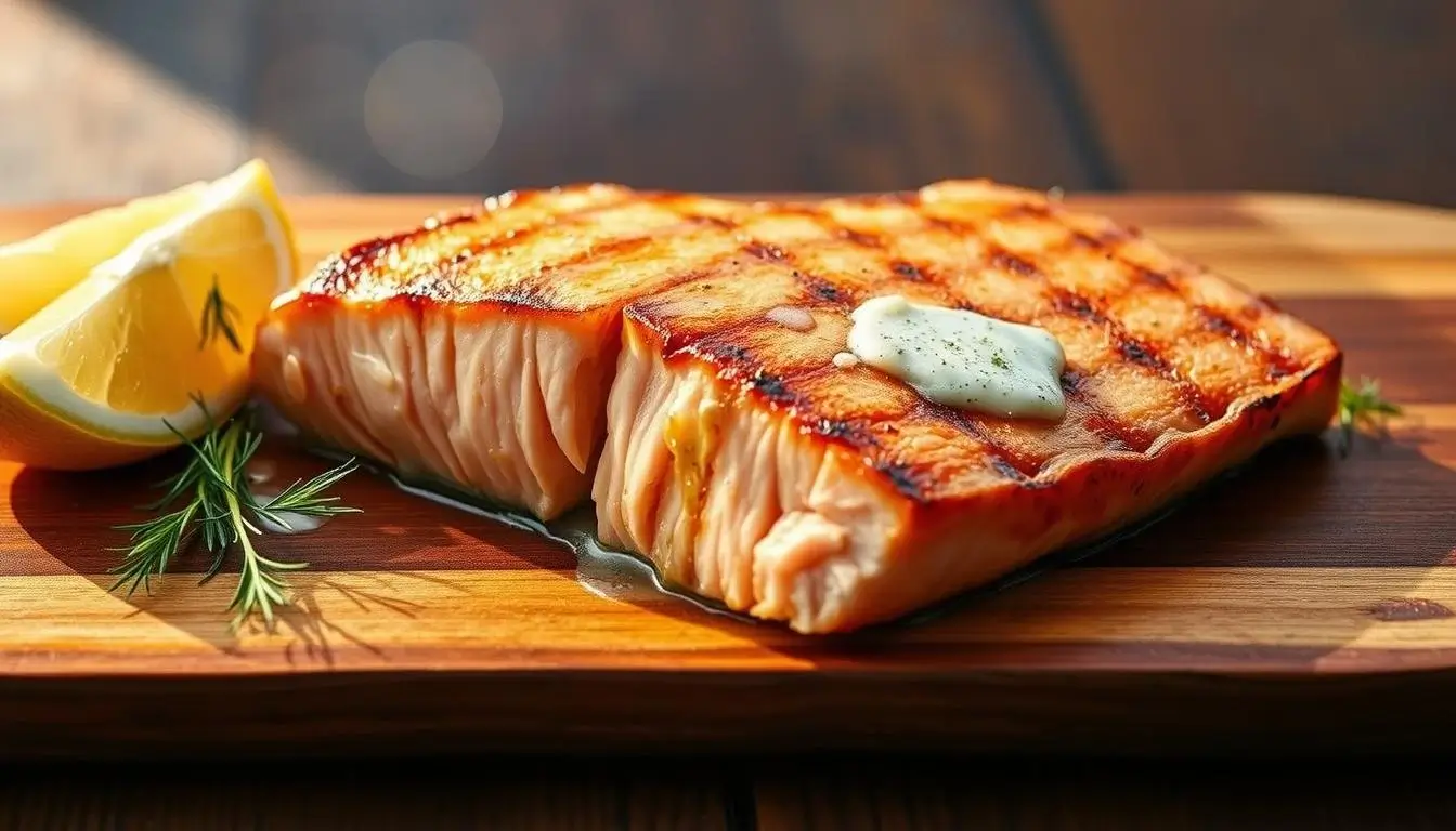 A grilled salmon fish steak with herb butter, lemon, and rosemary on a wooden board.