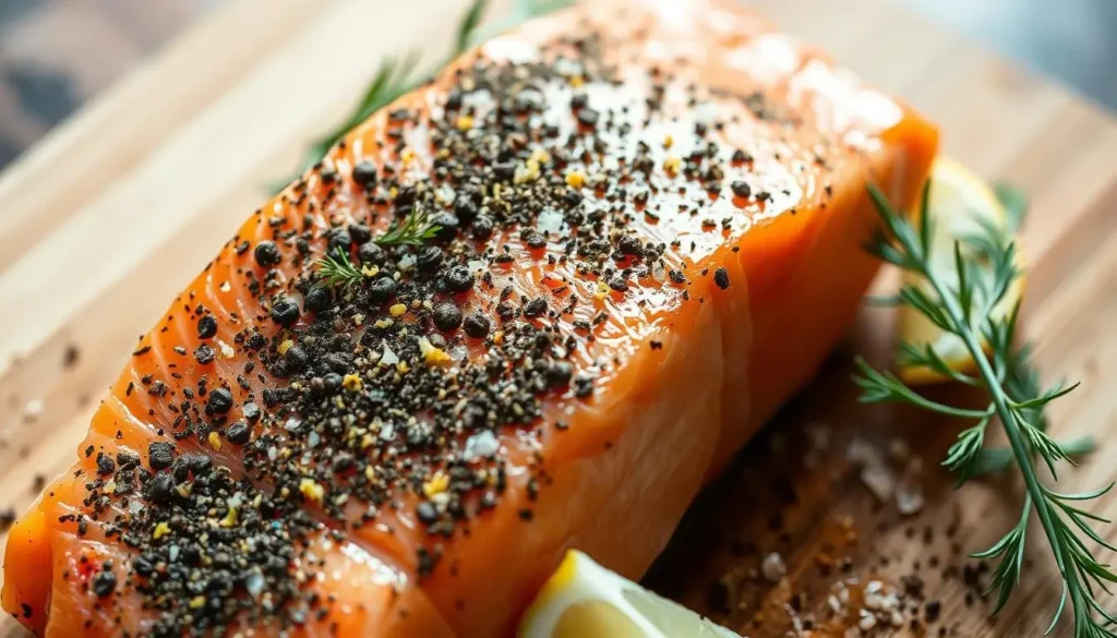 A raw salmon fillet coated in black pepper seasoning on a wooden board with lemon and herbs.
