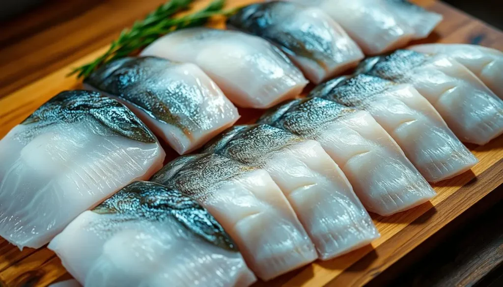 Fresh, skin-on cod filets portioned for frying on a wooden board.