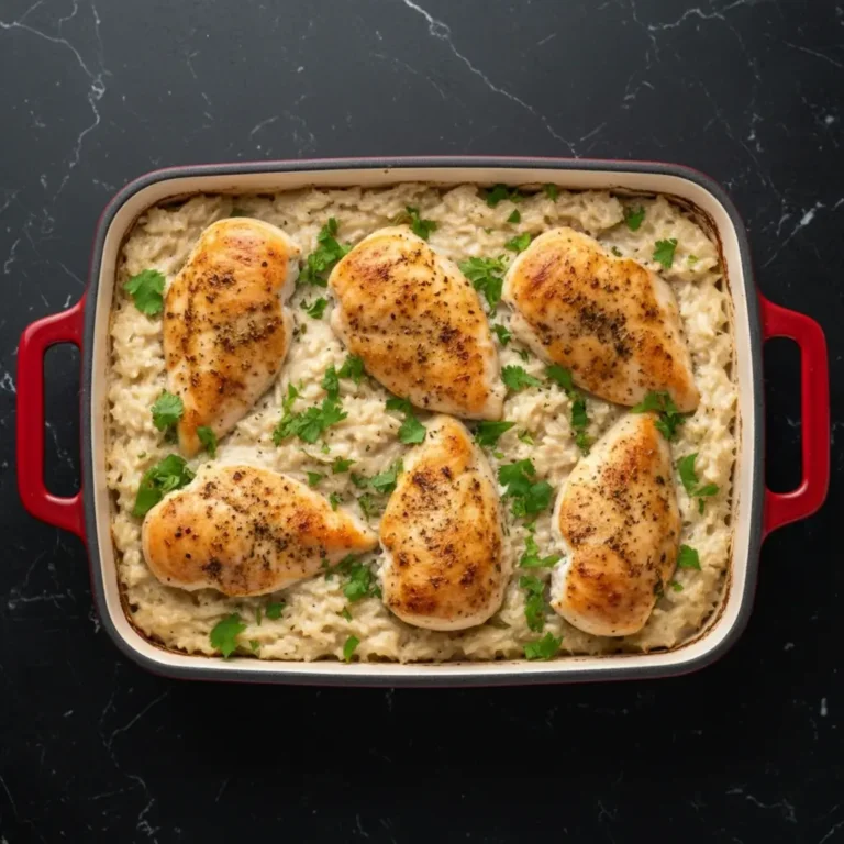 A baked Chicken and Rice with Cream of Mushroom Soup casserole in a blue dish, ready to be served.