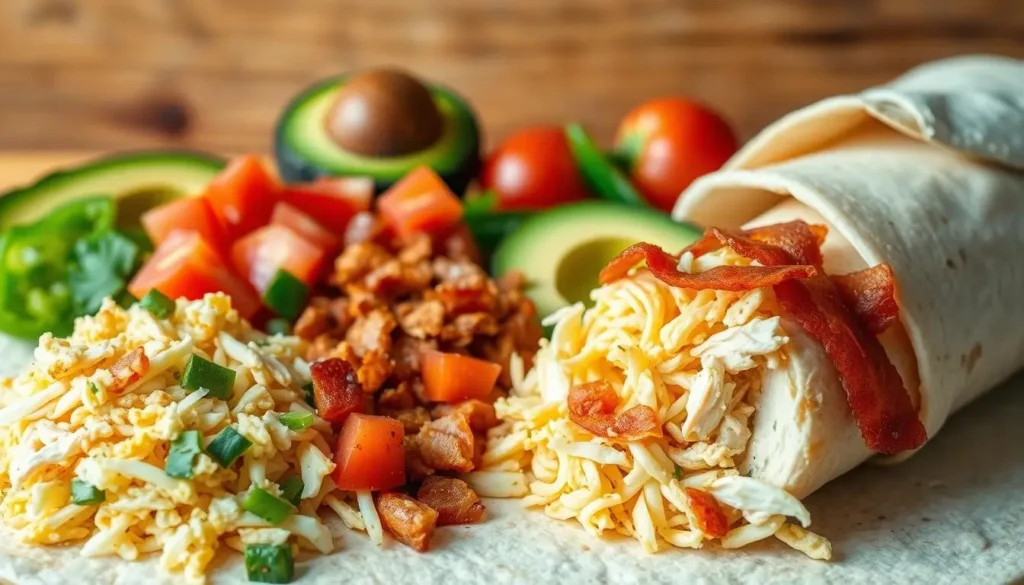 Chicken breakfast burrito ingredients including eggs, bacon, cheese, and vegetables on a tortilla.
