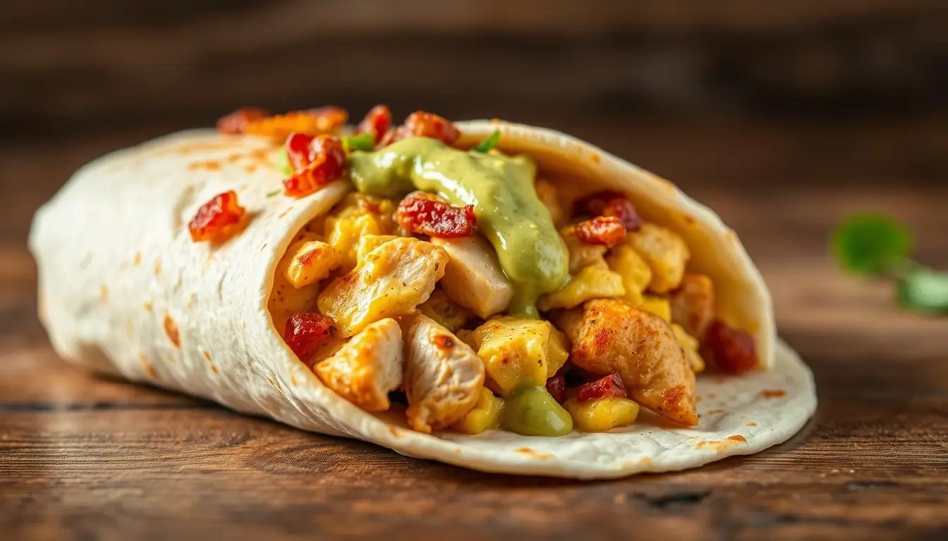A hearty chicken breakfast burrito with eggs, bacon, and green sauce on a wooden table.