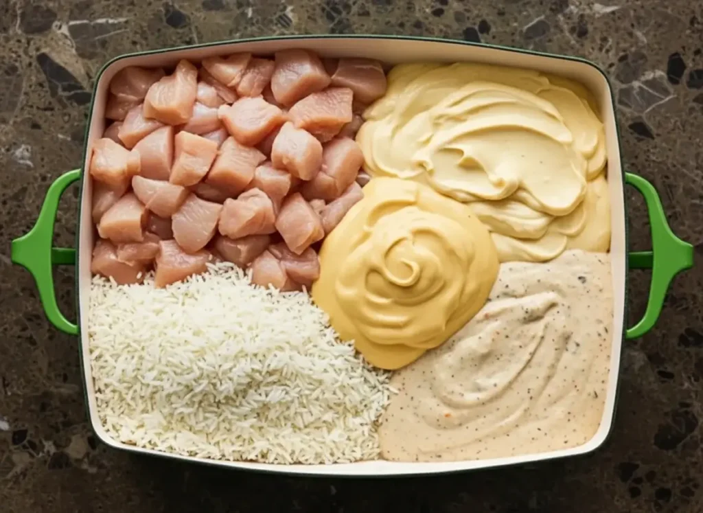 The essential chicken rice casserole ingredients—raw chicken, rice, and creamy soups—prepped in a baking dish before cooking.