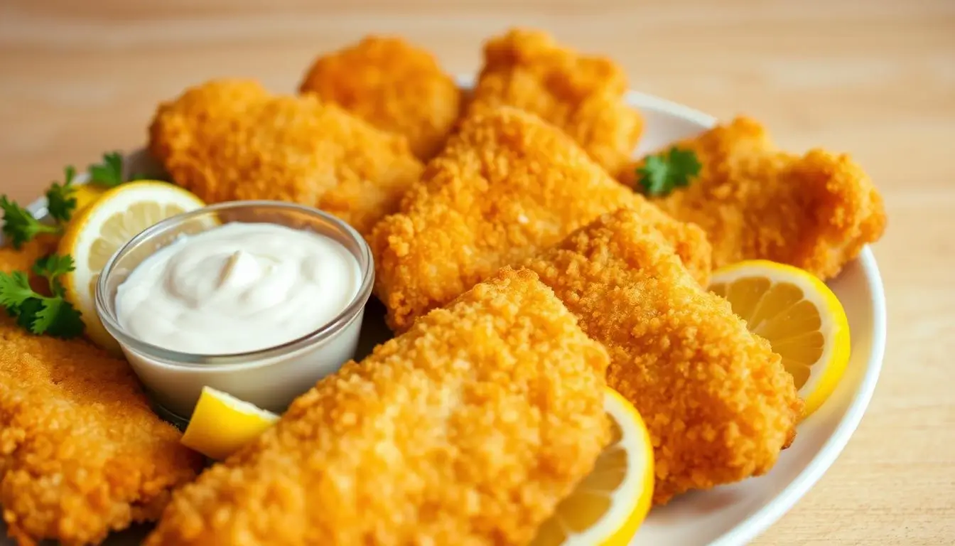 Golden fried fish filets with tartar sauce and lemon wedges on a white plate.