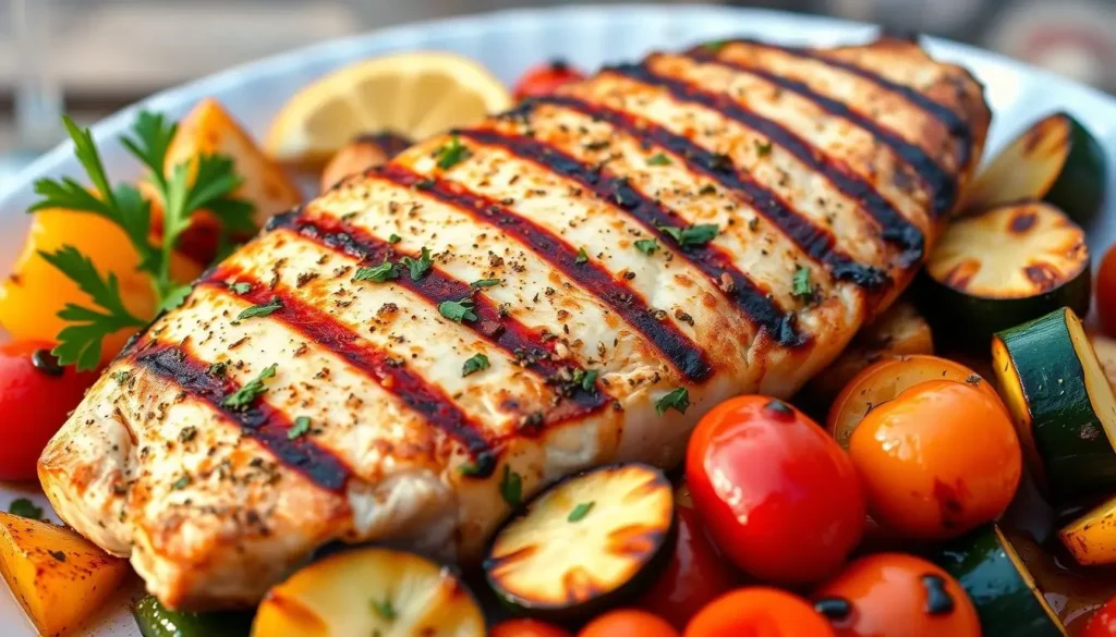 Perfectly grilled mahi mahi fillet with char marks, herbs, and roasted vegetables on a plate.