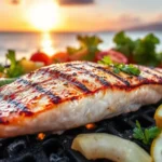 A fillet of mahi mahi cooking on a grill at the beach during sunset.