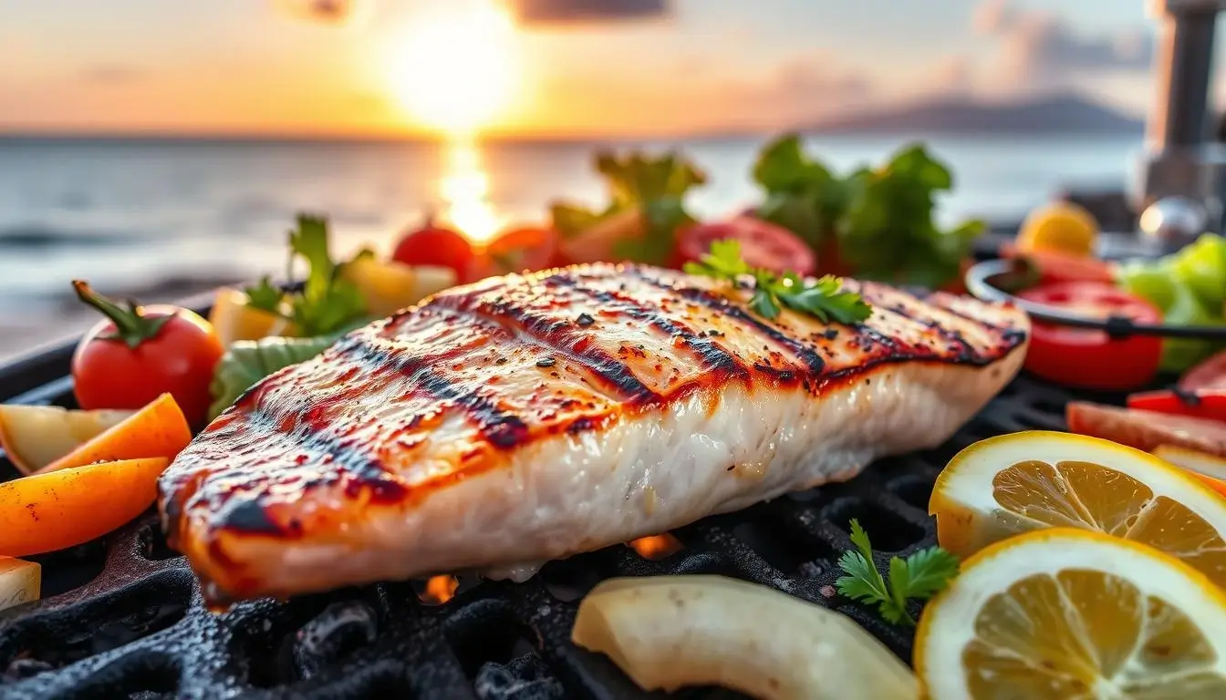 A fillet of mahi mahi cooking on a grill at the beach during sunset.