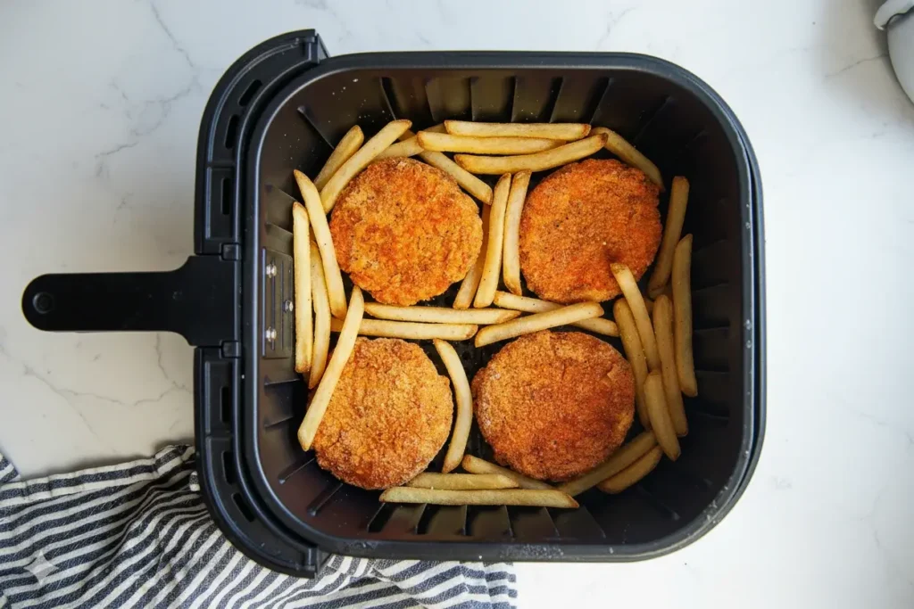 Four golden-brown breaded chicken patties in a black air fryer basket, illustrating the best air fryer chicken patty cooking method for crispy results