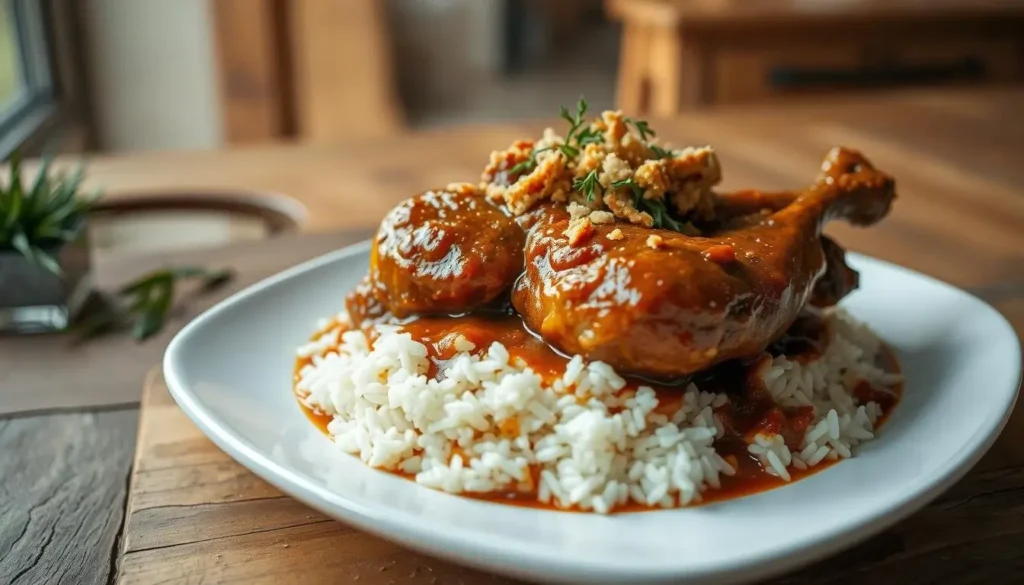 Slow cooked chicken recipes leg in a rich sauce served over white rice on a plate.