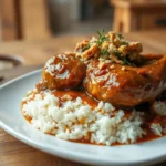 Slow-cooked chicken recipes leg in a rich sauce served over white rice on a plate.