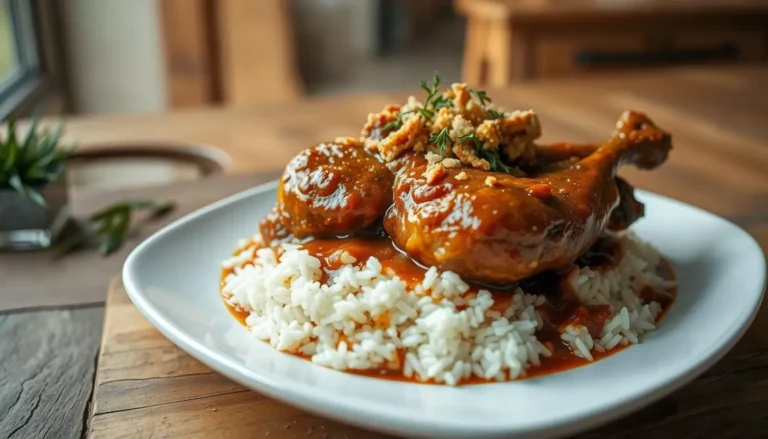 Slow-cooked chicken recipes leg in a rich sauce served over white rice on a plate.