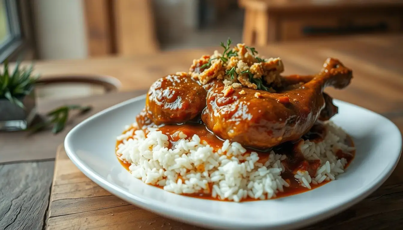 Slow-cooked chicken recipes leg in a rich sauce served over white rice on a plate.