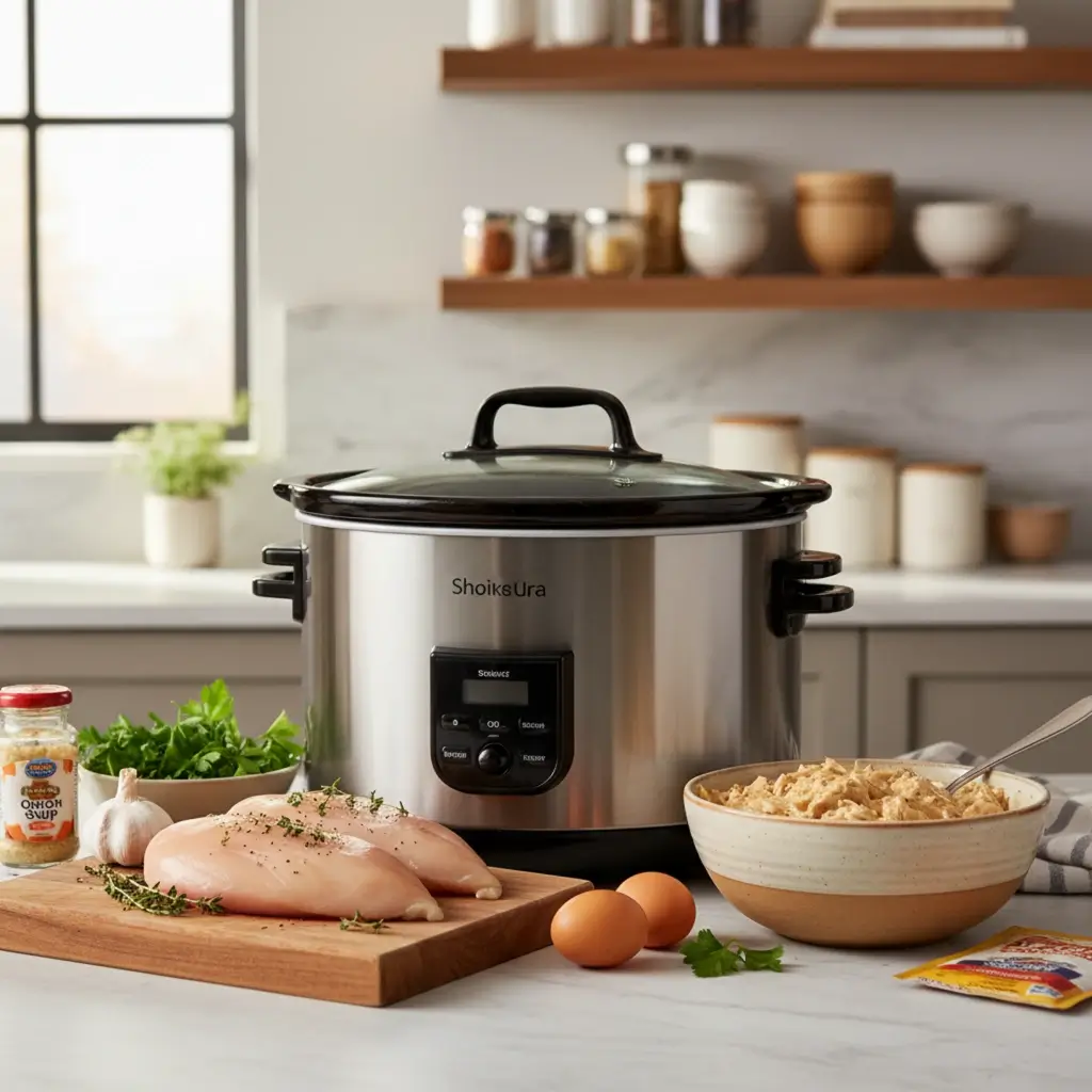 Crockpot slow cooker and ingredients for a creamy chicken recipe on a kitchen counter.