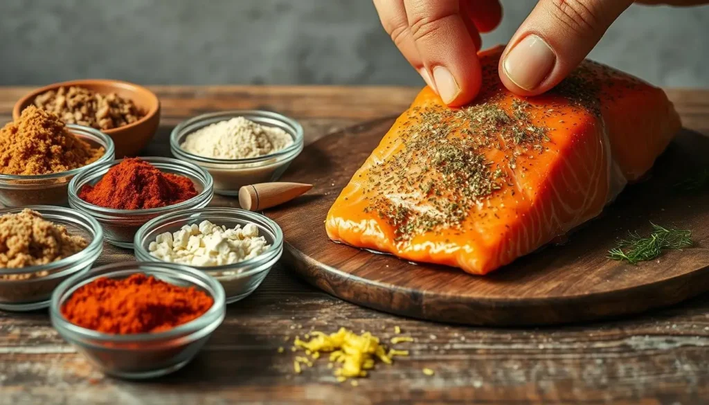 A hand seasoning a fresh salmon fillet with herbs, surrounded by bowls of various spices.