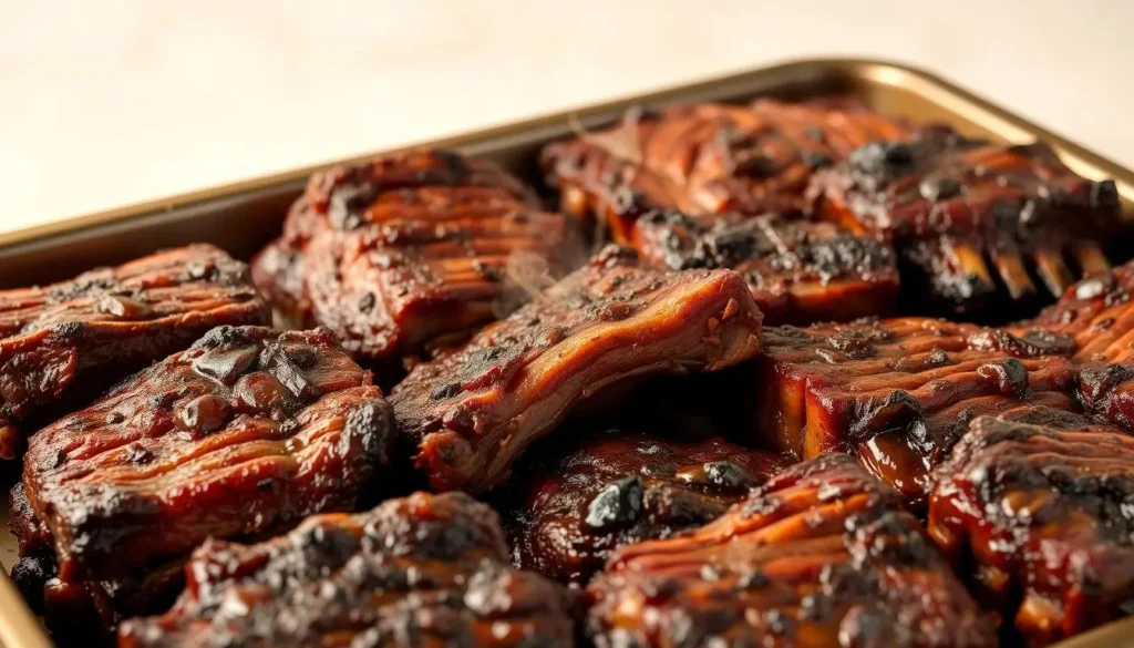 A tray of saucy, oven-baked beef ribs with a caramelized glaze.