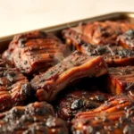 A tray of saucy, oven-baked beef ribs with a caramelized glaze.