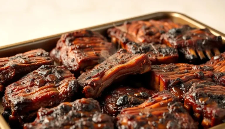 A tray of saucy, oven-baked beef ribs with a caramelized glaze.