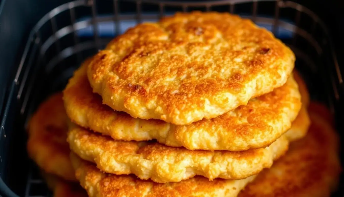 A stack of golden Tyson chicken patty air fryer basket.